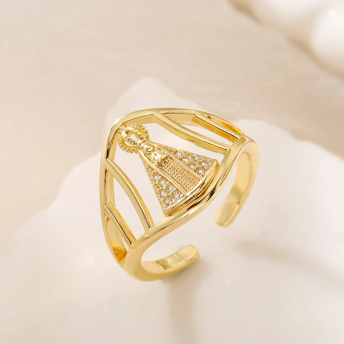Vintage Virgin Mary Cubic Zirconia Adjustable Band Ring