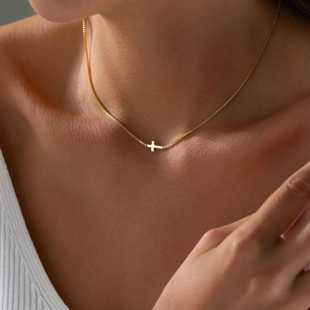 Women 14K Gold Plated Small Cross Pendant Choker